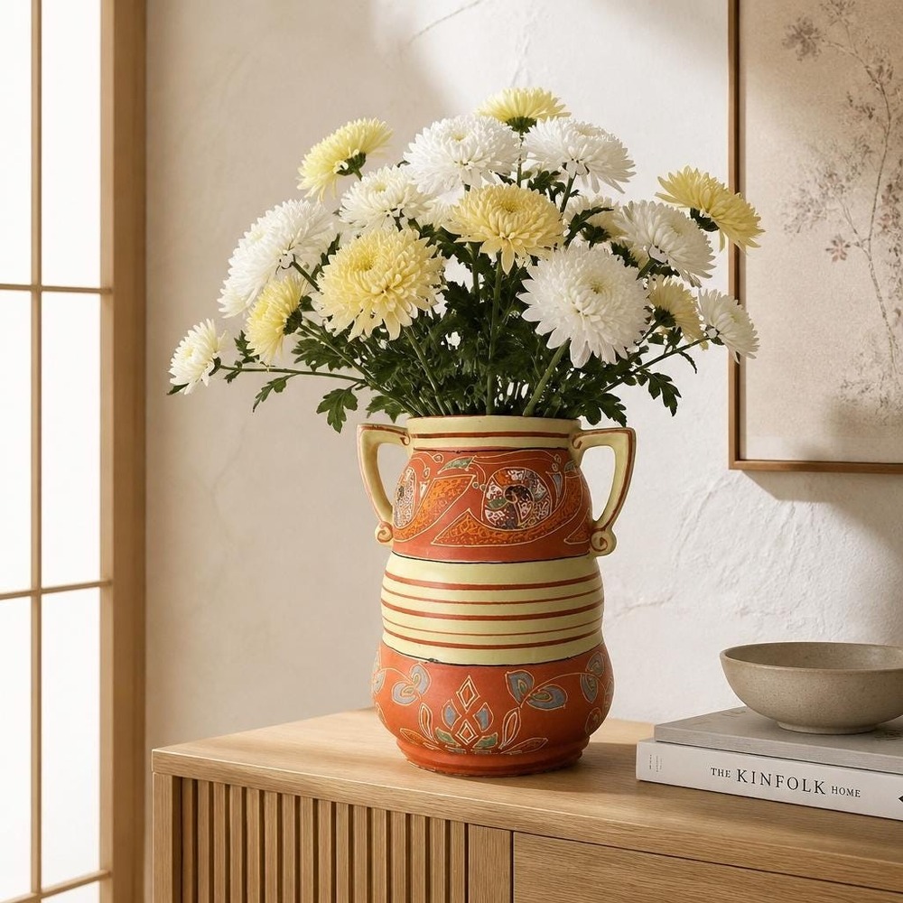 Ceramic Vase, Royal Trico, Two-handled Art Deco Motifs Japan Handpainted Vintage